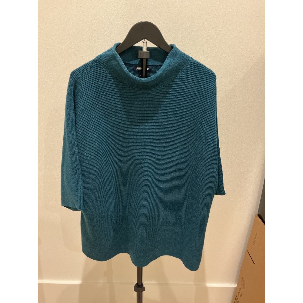 Lands End Womens 2X Teal Blue Ribbed Mock Neck Short Sleeve Sweater Cotton Blend